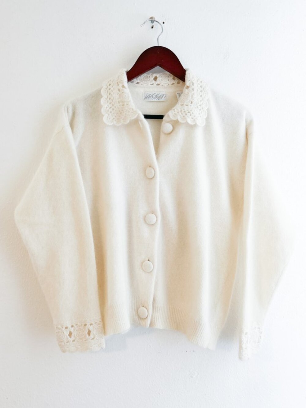 VINTAGE 80's Lord & Taylor Angora/Lambswool Cardigan w/ Crochet Collar & Sleeves